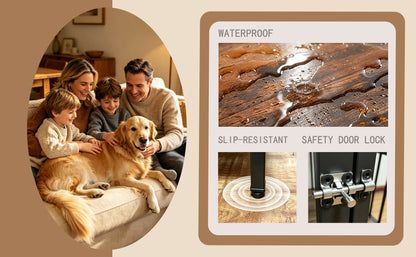 Vintage Wood Grain Dog Cage with Rotating Bowl beside a cozy family and their dog on a sofa woodgrain finish and locking hardware on Tampa Home & Garden Store