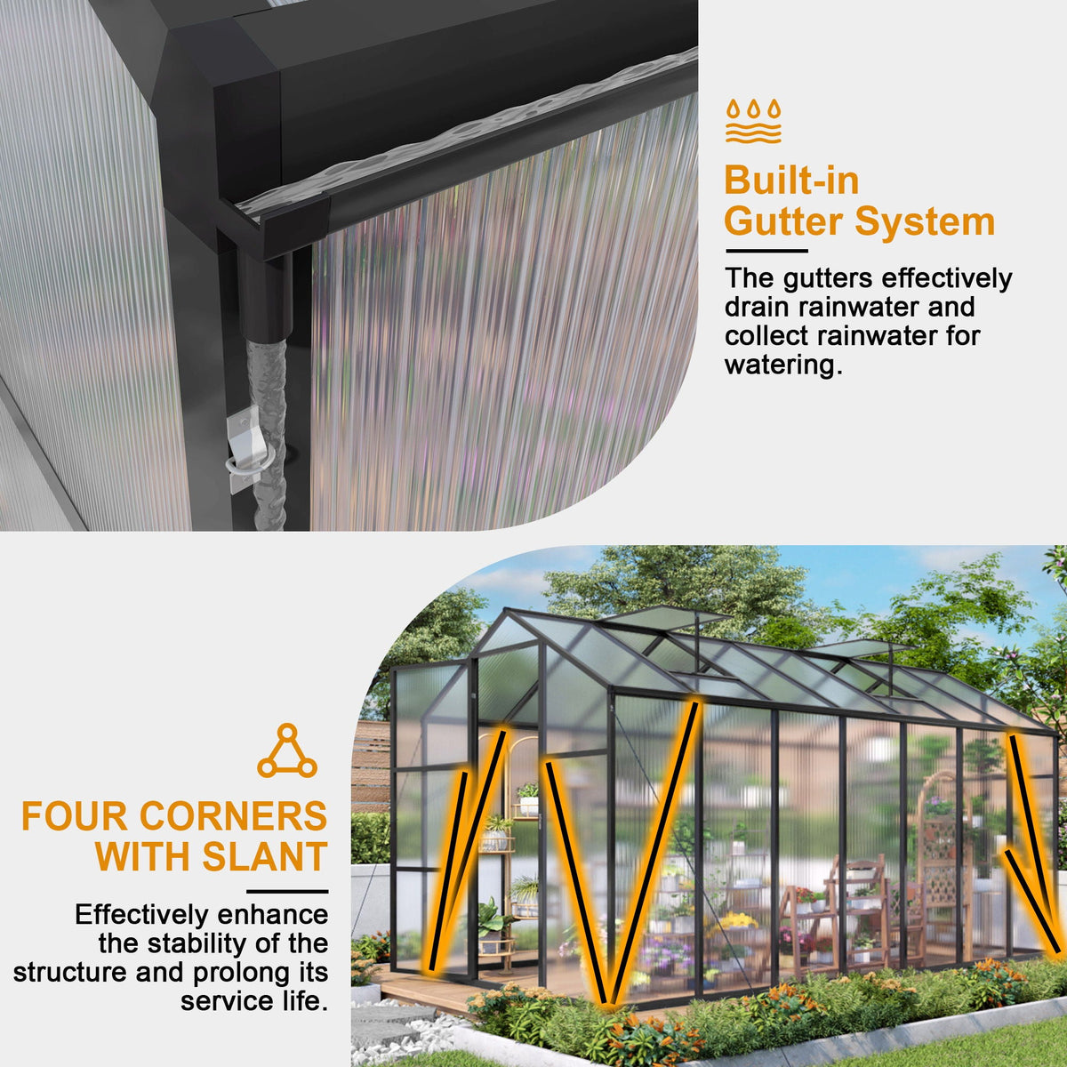 Windproof greenhouse with raised base, polycarbonate panels, black frame HouseOfZazla on Tampa Home & Garden Store