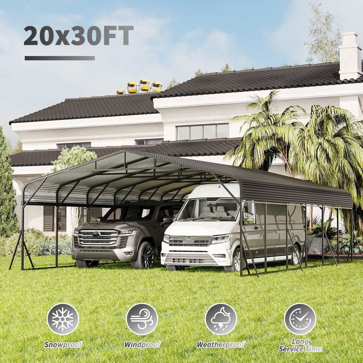 Heavy duty carport canopy 20x30 ft with black steel frame shelters two vans in a yard on Tampa Home & Garden Store