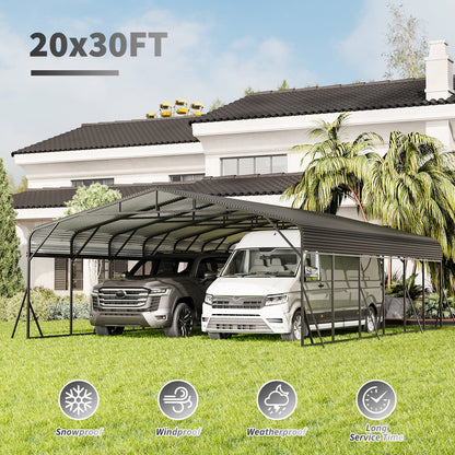 Heavy duty carport canopy 20x30 ft with black steel frame shelters two vans in a yard on Tampa Home & Garden Store