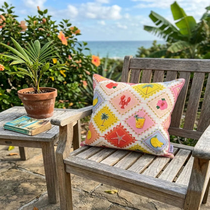 Outdoor Pillows Weather Resistant Set of 2 Multi with tropical prints on a wooden bench on Tampa Home & Garden Store