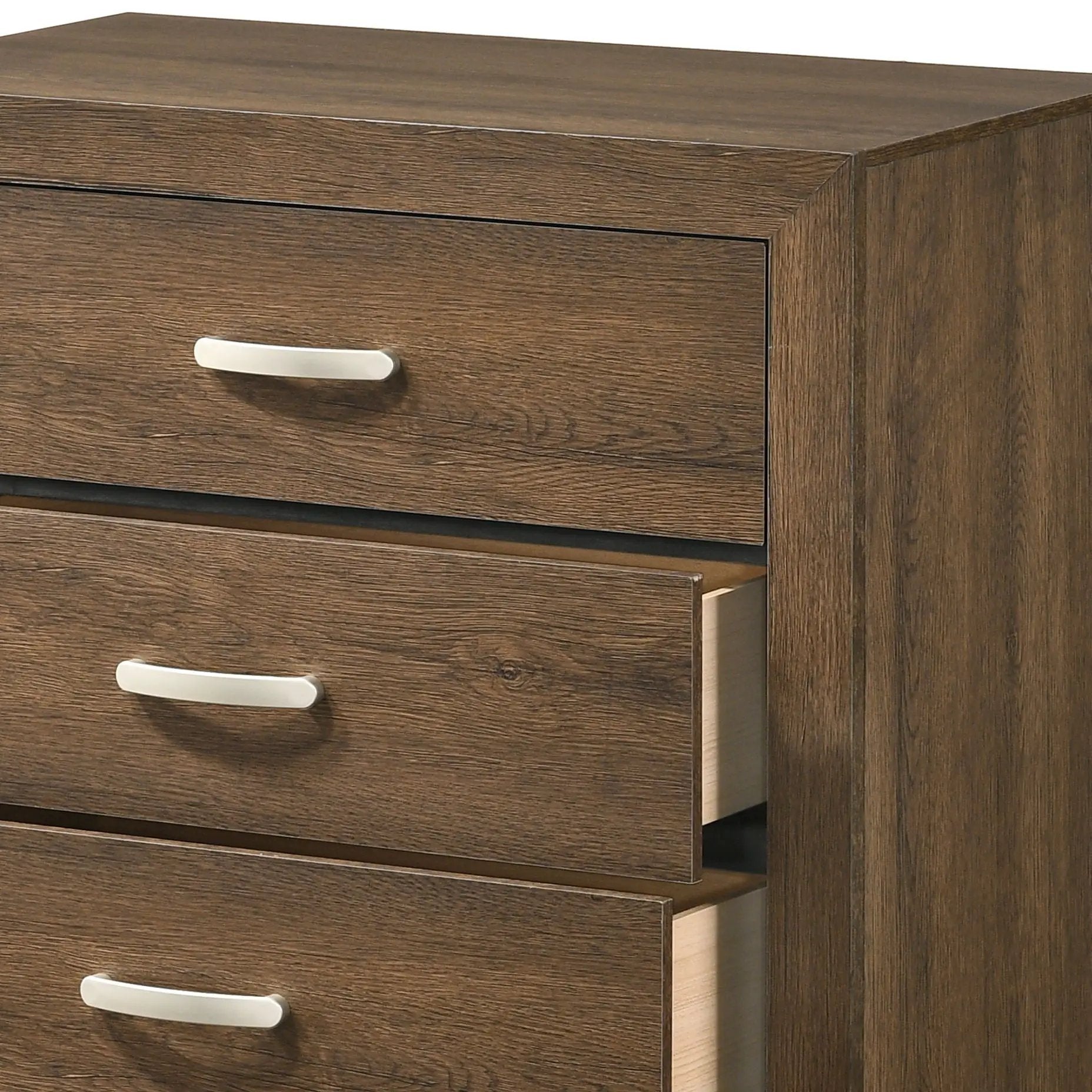 Miquell Elegant Design Chest accent chest in warm brown wood with silver curved bar pulls on Tampa Home & Garden Store