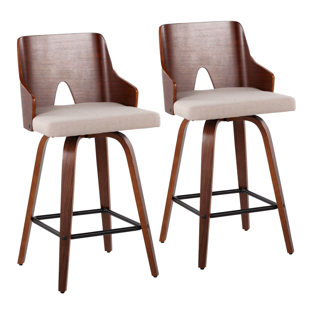 Ariana Mid Century Counter Stool set of 2 with dark wood back and beige upholstered seat on Tampa Home & Garden Store