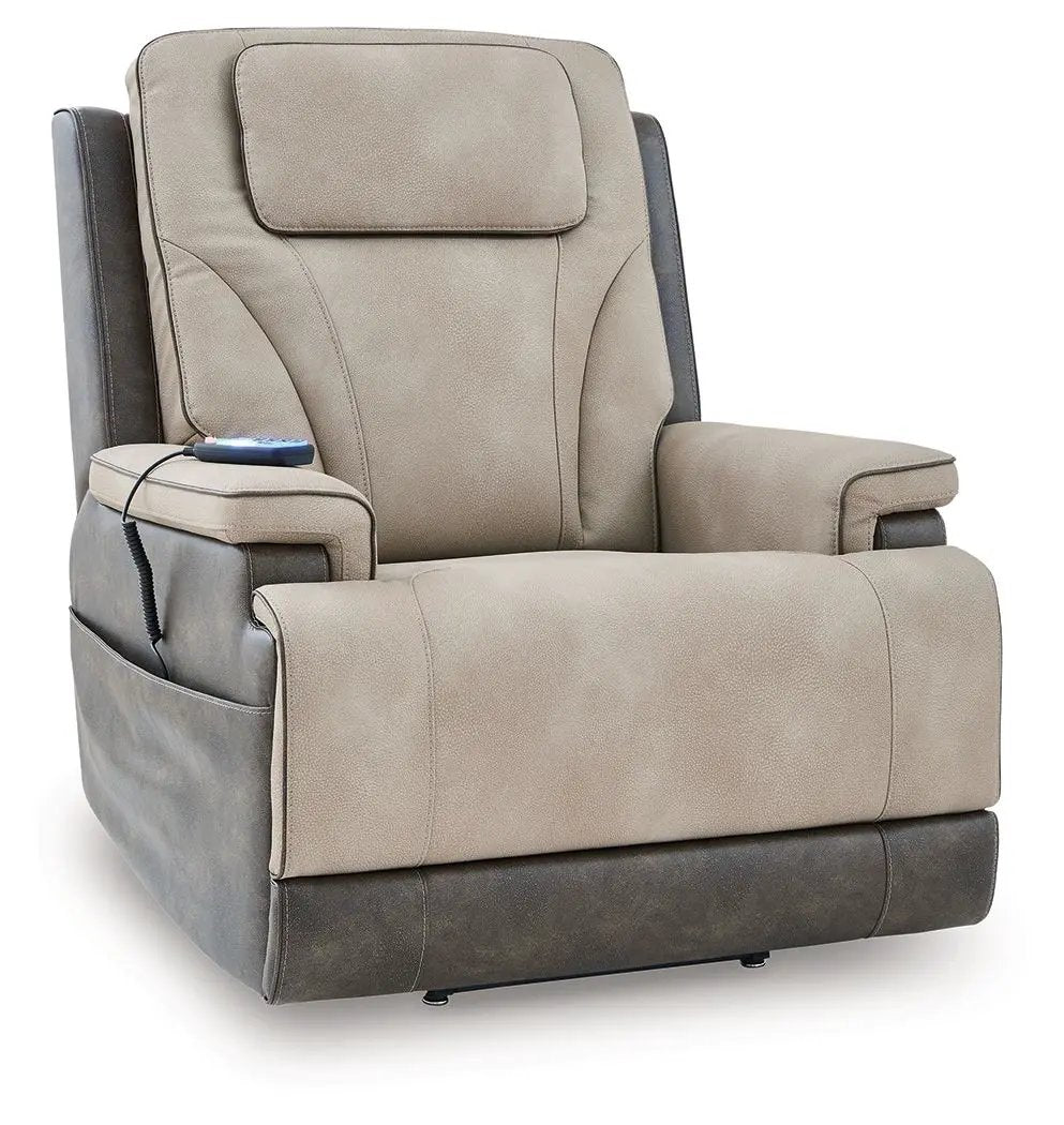 Power lift recliner in tan/beige upholstery with remote on arm and built-in side pocket on Tampa Home & Garden Store