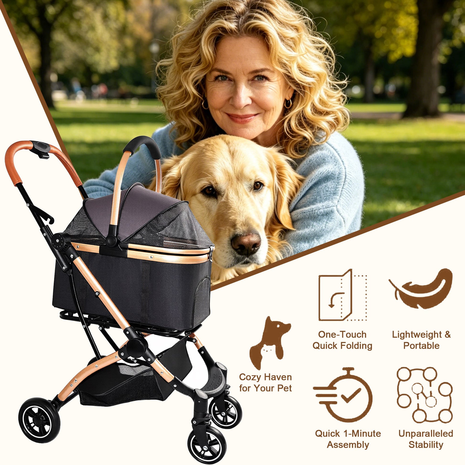Pet Stroller for Dogs and Cats, 2-in-1 detachable foldable, black copper frame HouseOfZazla on Tampa Home & Garden Store