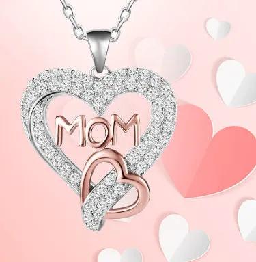 MOM crystal heart pendant necklace with silver outer pave heart and rose gold MOM on Tampa Home & Garden Store