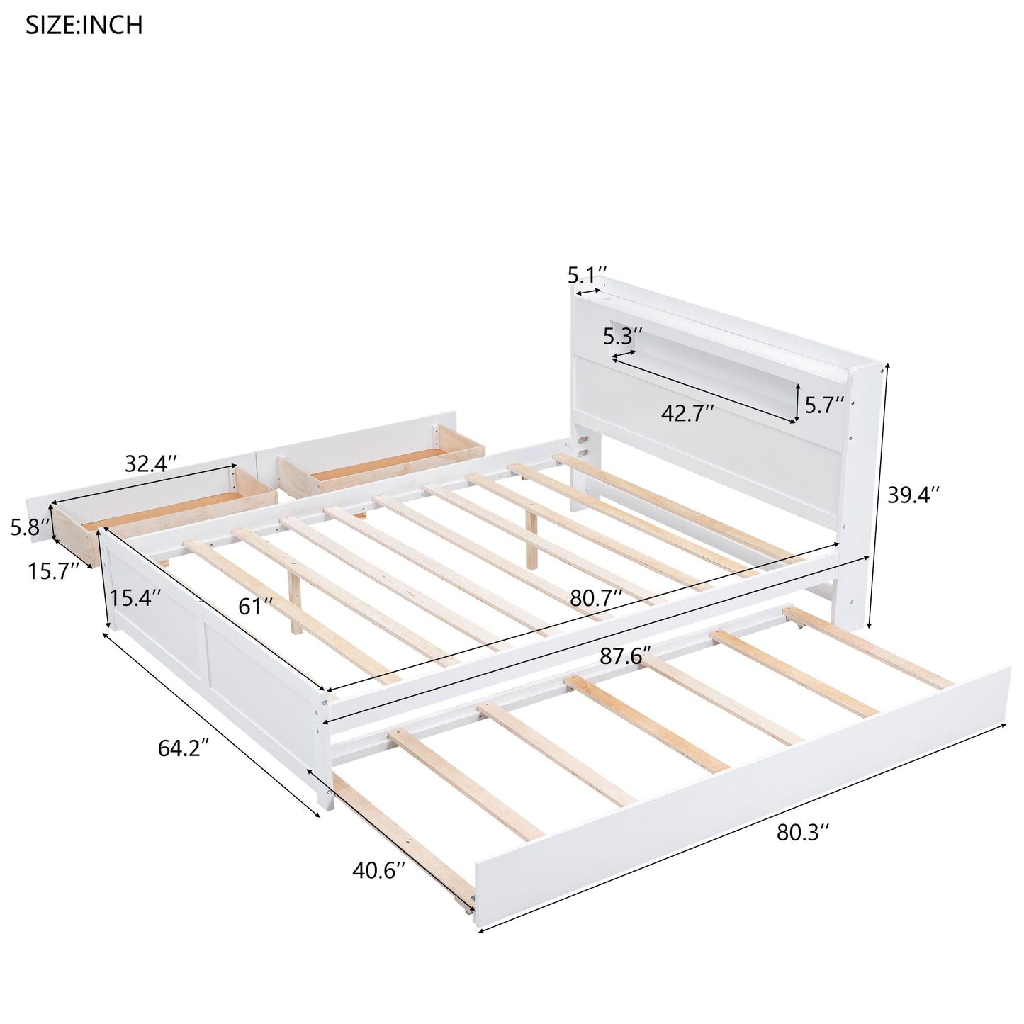 Storage platform bed with LED headboard, white finish, 2 drawers and trundle HouseOfZazla on Tampa Home & Garden Store