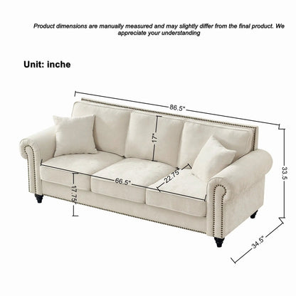 3 Seater Sofa with Tufted Upholstery Rolled Arms, Nailhead Trim in beige fabric by Unique Piece on Tampa Home & Garden Store