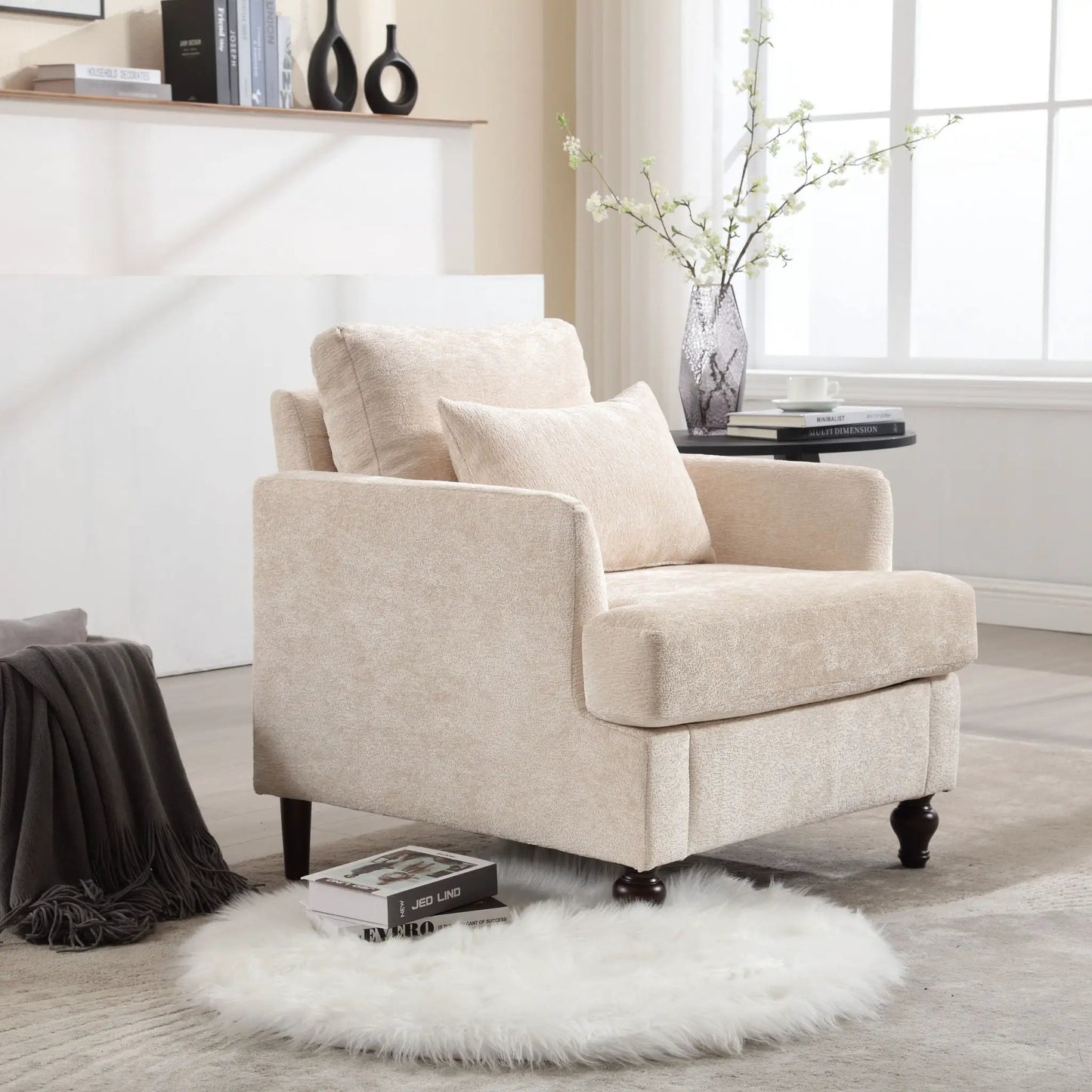 Modern Mid Century Wood Frame Armchair With Tufted Beige Upholstery Unique Piece Furniture on Tampa Home & Garden Store