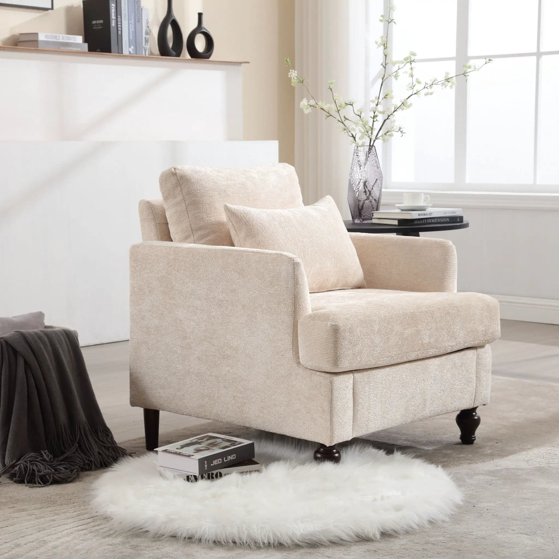 Modern Mid Century Wood Frame Armchair With Tufted Beige Upholstery Unique Piece Furniture on Tampa Home & Garden Store
