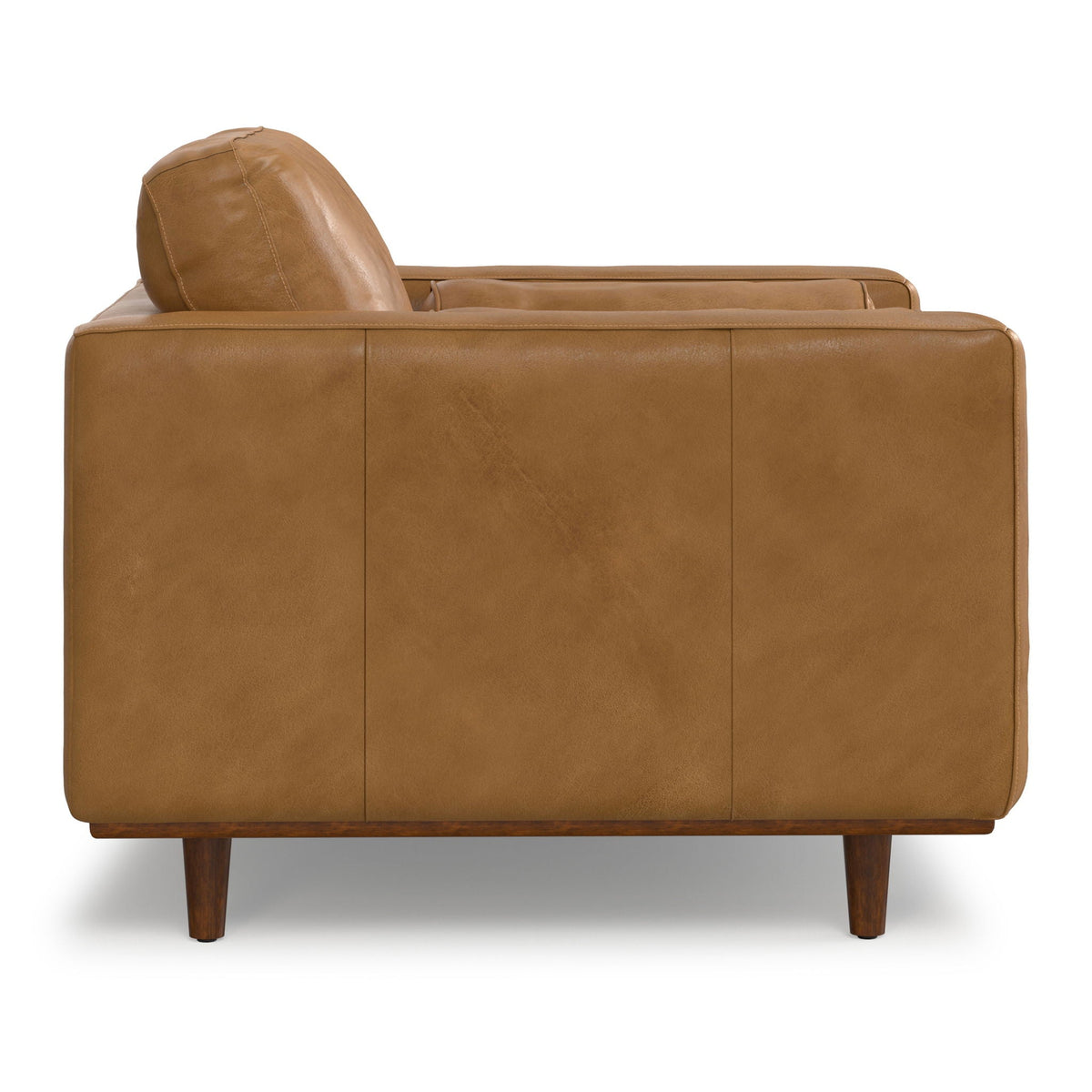 Wide Arm Chair with Removable Cushions, tan leather upholstery, wooden legs on Tampa Home & Garden Store