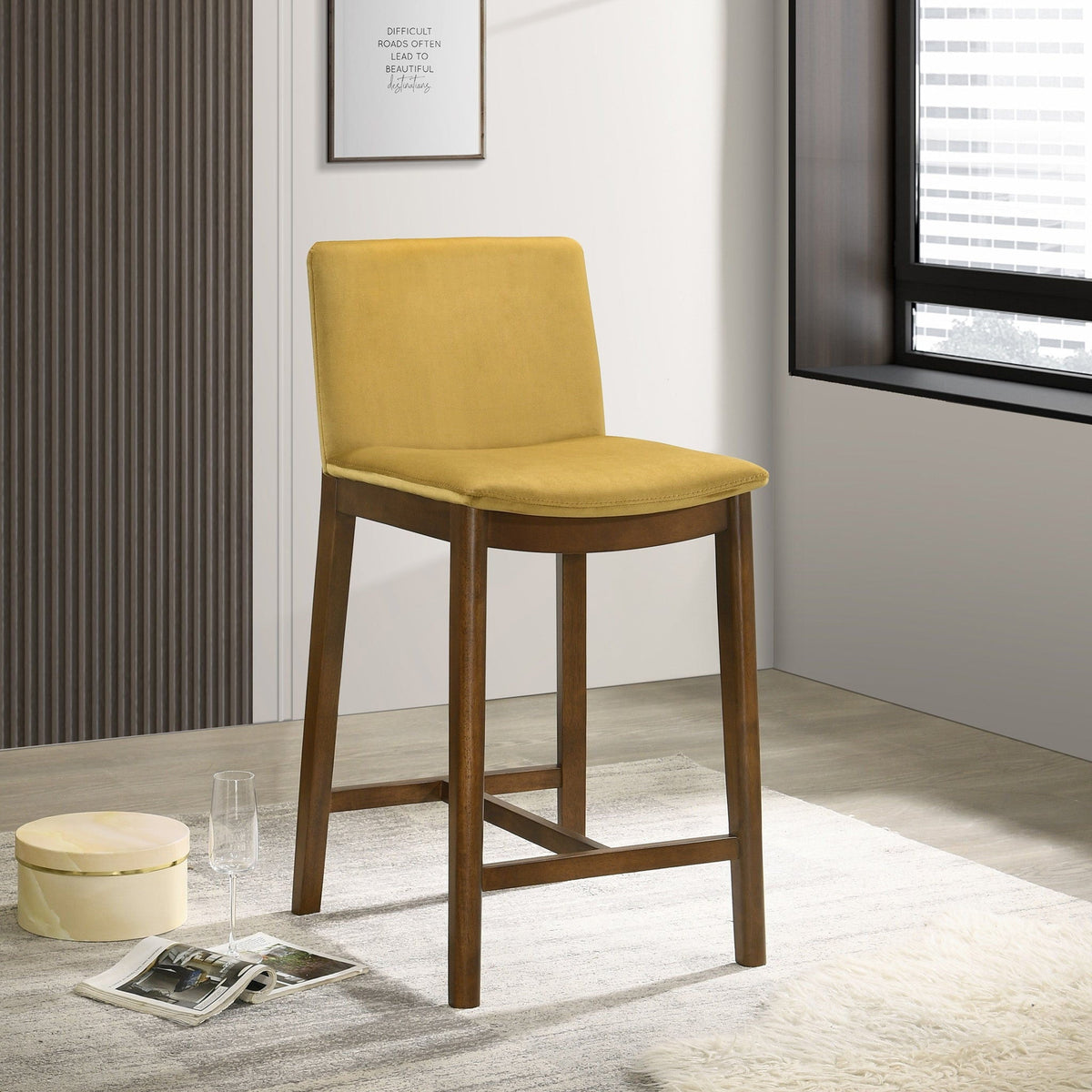 Mid-Century Counter Chair with full-back, mustard-yellow upholstery and solid wood legs on Tampa Home & Garden Store