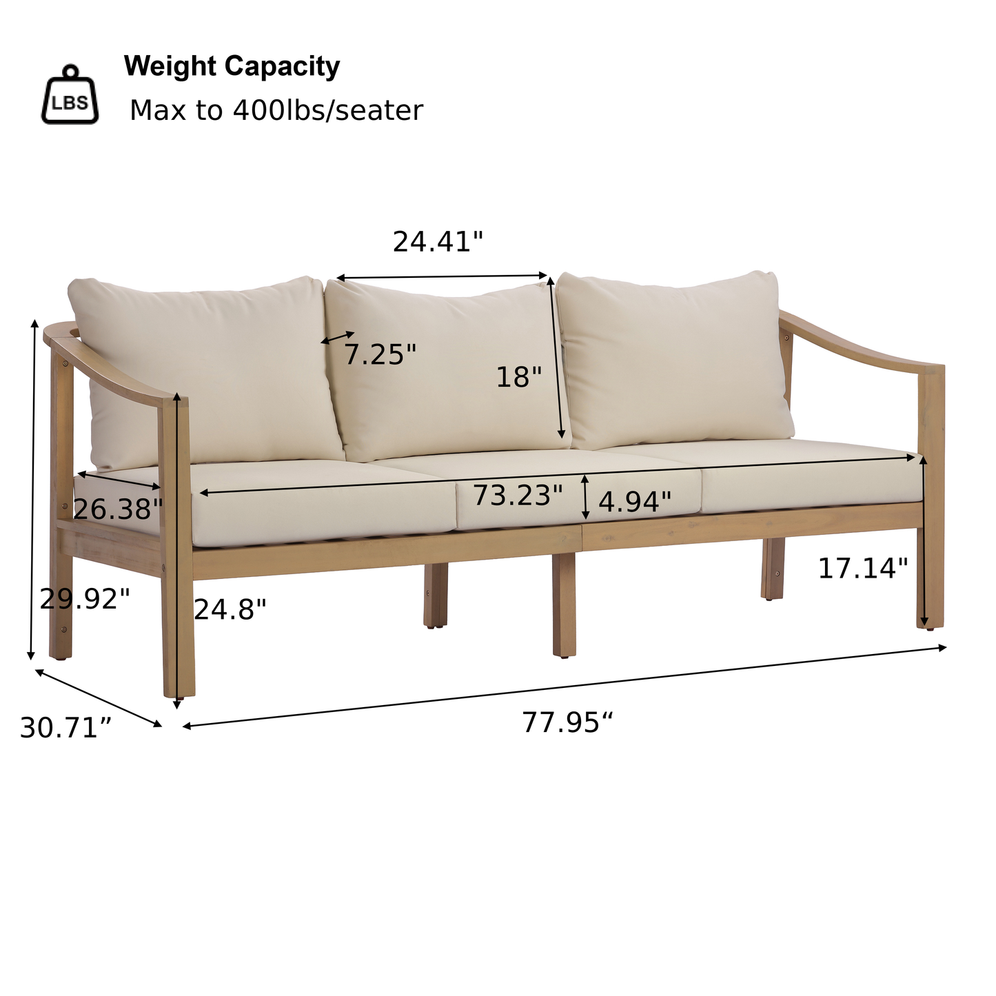 Outdoor Acacia Wood Sofa with Beige Cushions