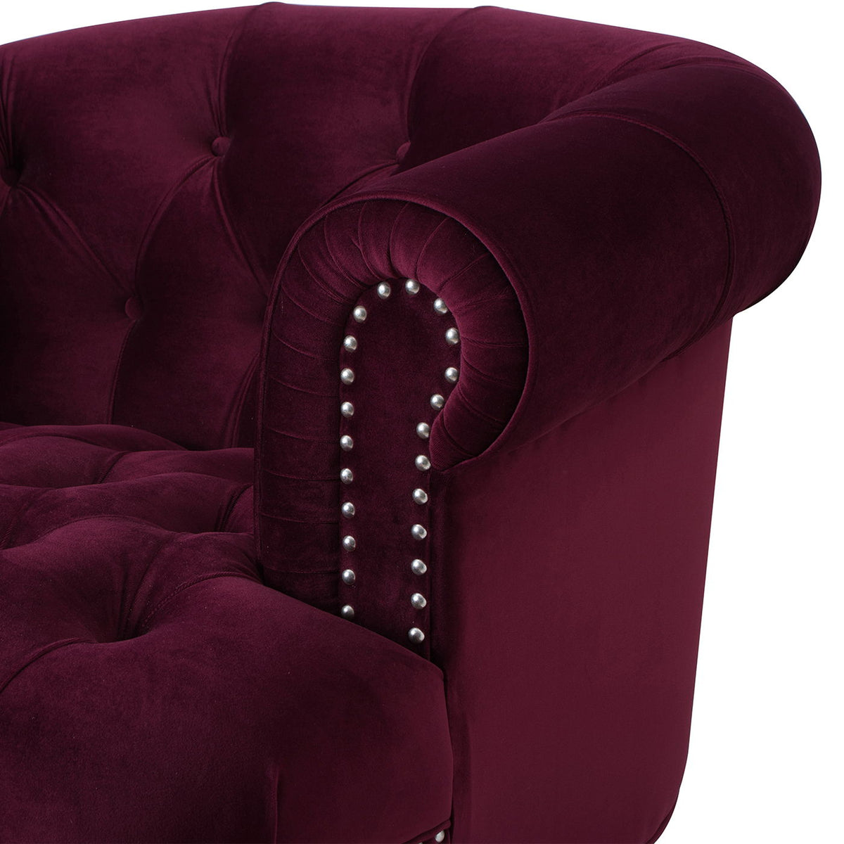 HouseOfZazla Victorian tufted velvet accent chair with rolled arms and nailhead trim in burgundy on Tampa Home & Garden Store