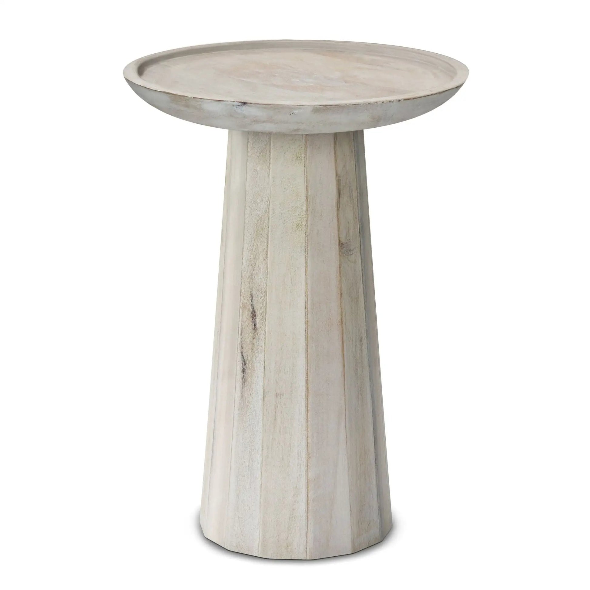 Dayton Handcrafted Wooden Accent Table round whitewashed top on weathered pedestal base on Tampa Home & Garden Store