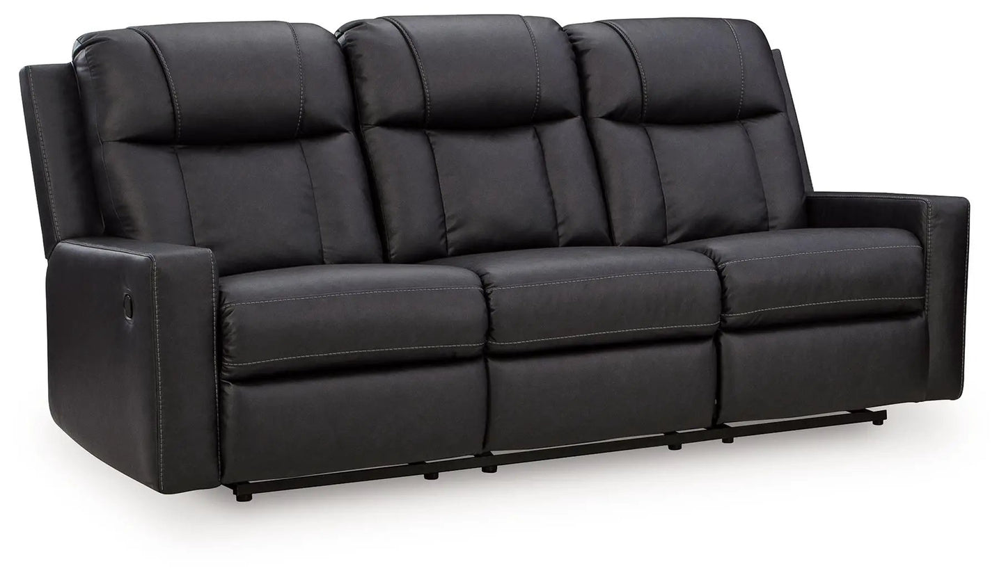 Mackmenville reclining sofa, black leather, 3-seat with padded headrests on Tampa Home & Garden Store