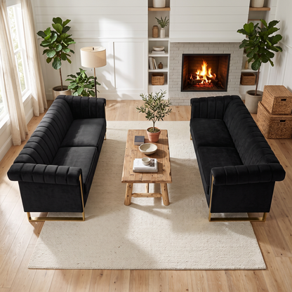 Designer Black Velvet Two Piece Sofa Set