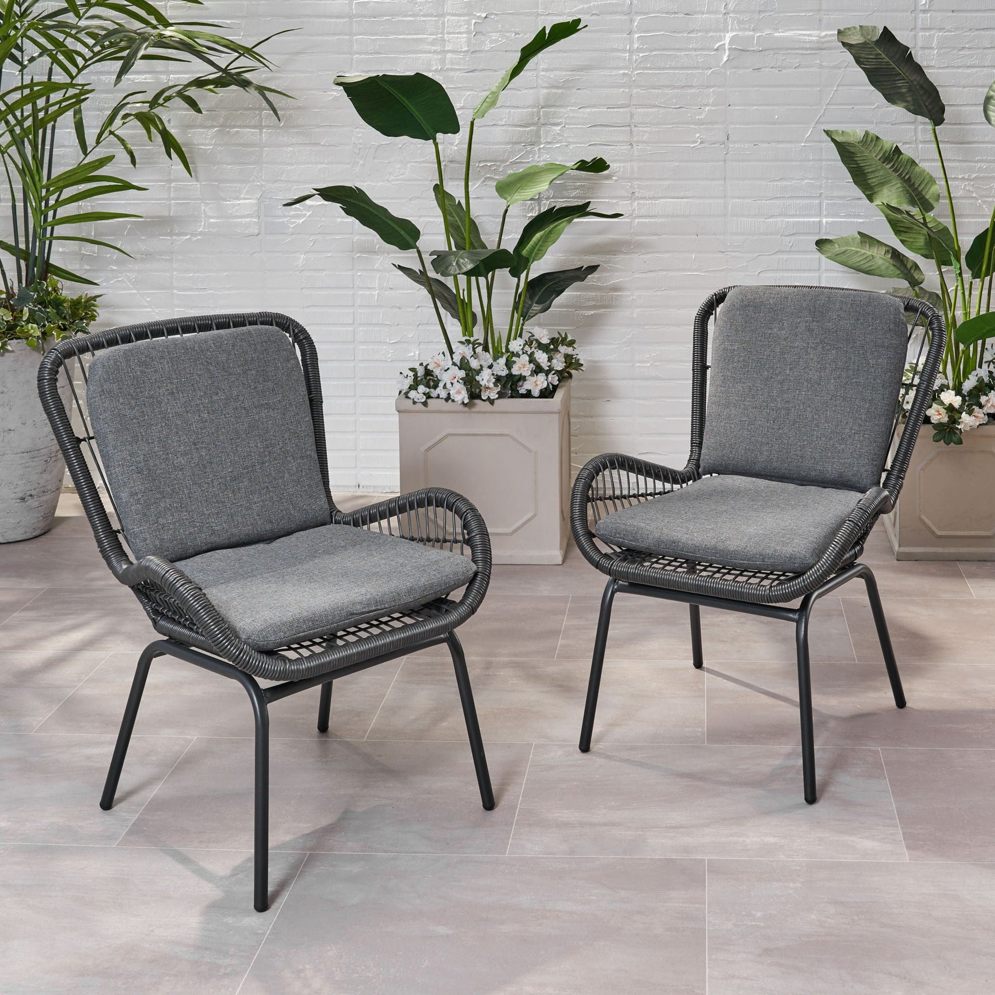 Outdoor Wicker Club Chair Set of 2 by HouseOfZazla with gray cushions on Tampa Home & Garden Store