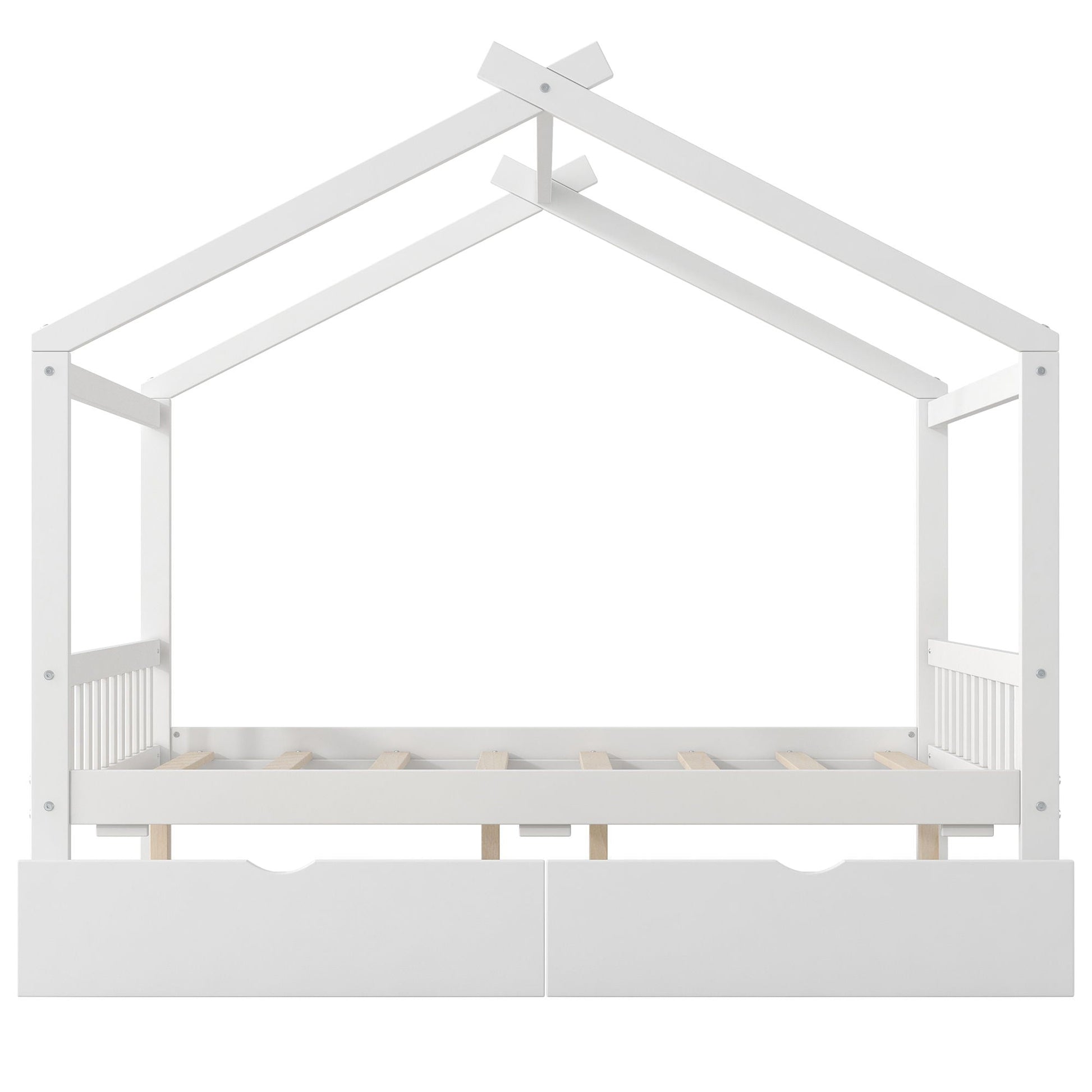 House Style Platform Bed with headboard, footboard, 2 drawers and roof design in white finish on Tampa Home & Garden Store