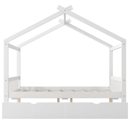 House Style Platform Bed with headboard, footboard, 2 drawers and roof design in white finish on Tampa Home & Garden Store
