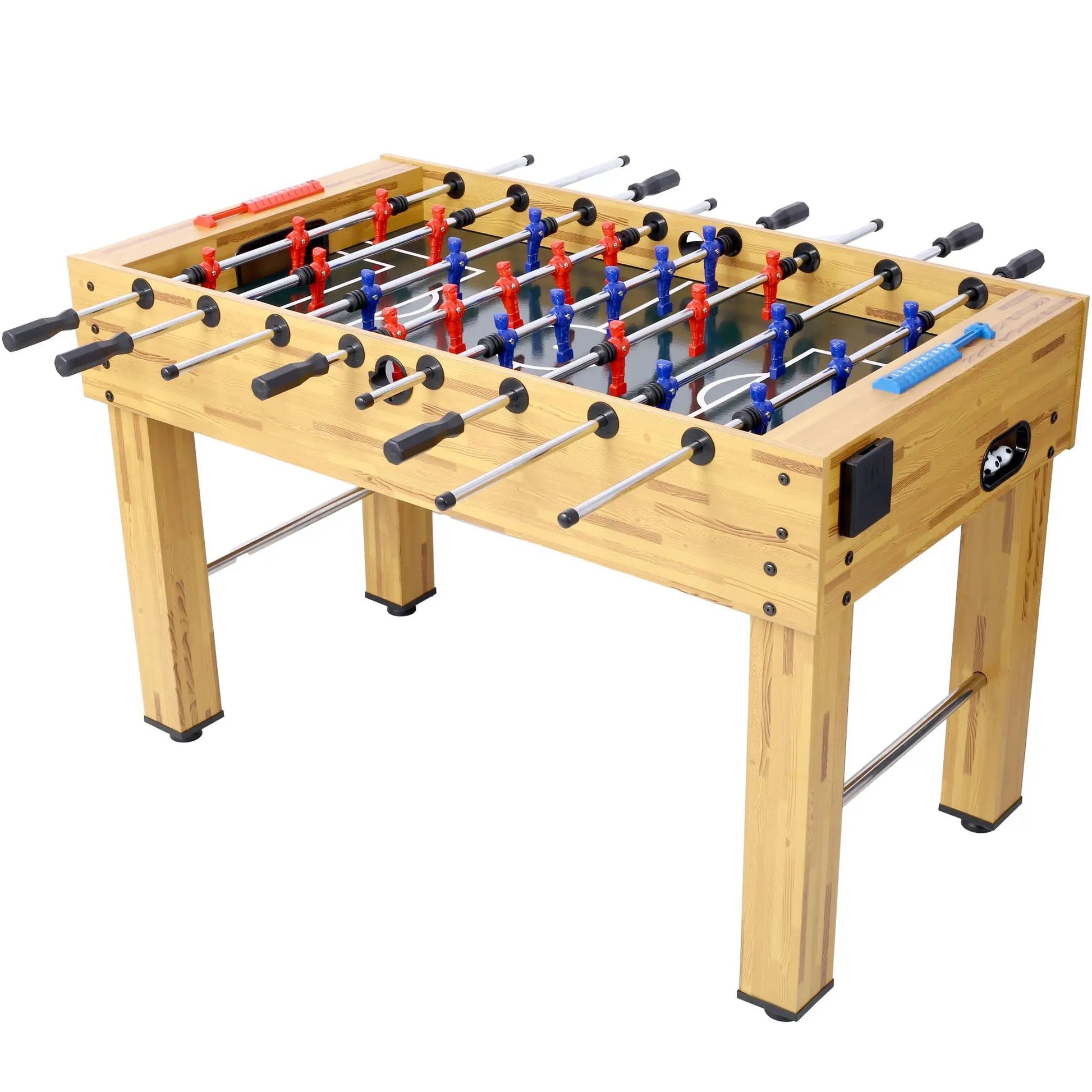 Foosball table Hurricane by Unique Piece Furniture, wood finish with red and blue players on Tampa Home & Garden Store