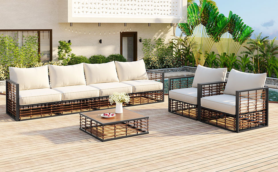 TOPMAX Modern Minimalist 7-Piece Metal Patio Sectional Sofa Set beige cushions, dark frame on Tampa Home & Garden Store
