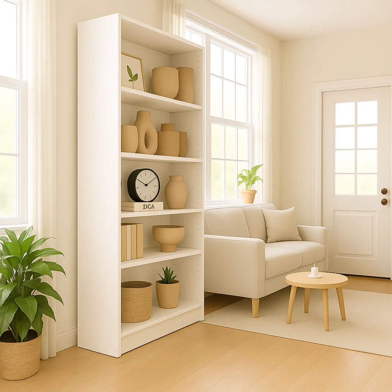 5-Tier Bookshelf with Anti-Tip Kit, white bookcase with decorative vases and clock on Tampa Home & Garden Store