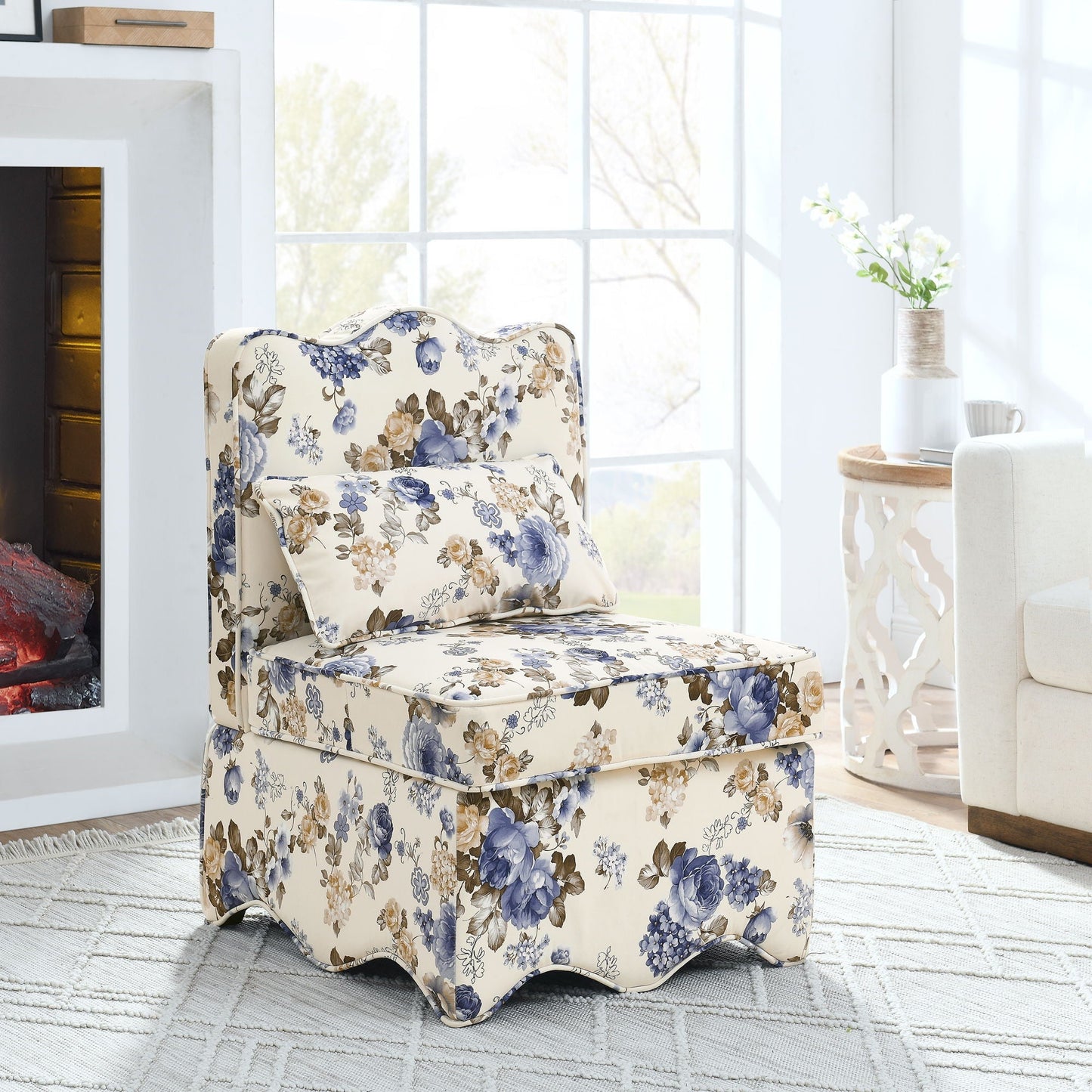 HouseOfZazla armless dining chair with floral cream flannel upholstery and cushioned backrest on Tampa Home & Garden Store