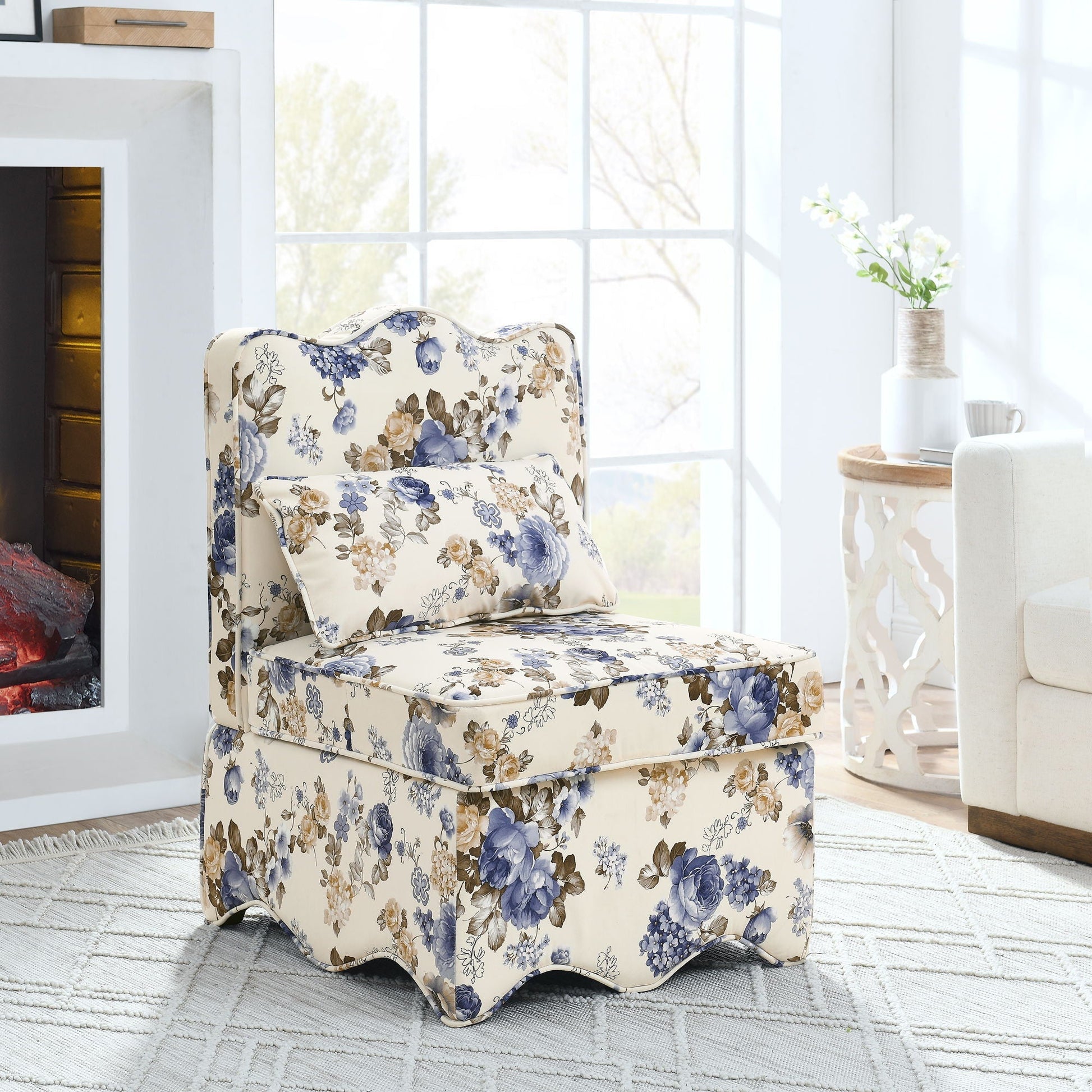 HouseOfZazla armless dining chair with floral cream flannel upholstery and cushioned backrest on Tampa Home & Garden Store