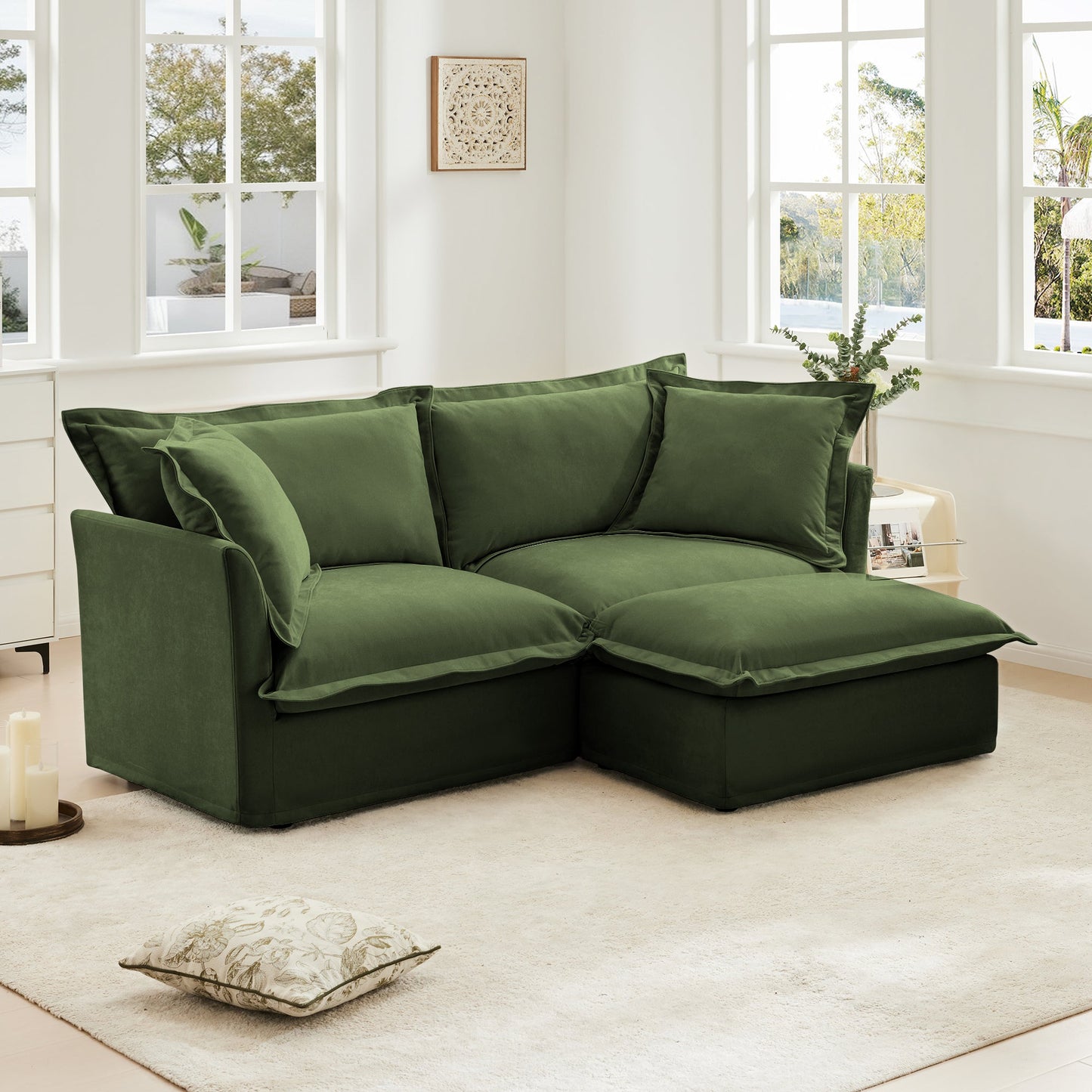 Slipcovered Two Seater Sofa and Chenille Ottoman
