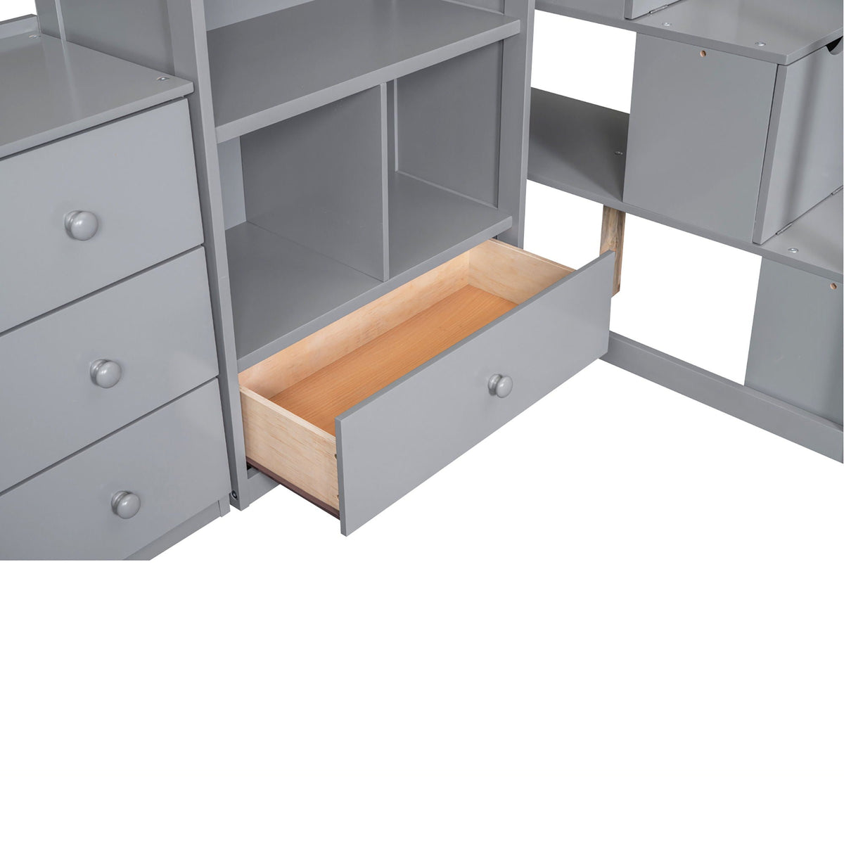 Loft Bed with L-shaped Desk gray finish by HouseOfZazla with drawers and storage cabinet on Tampa Home & Garden Store