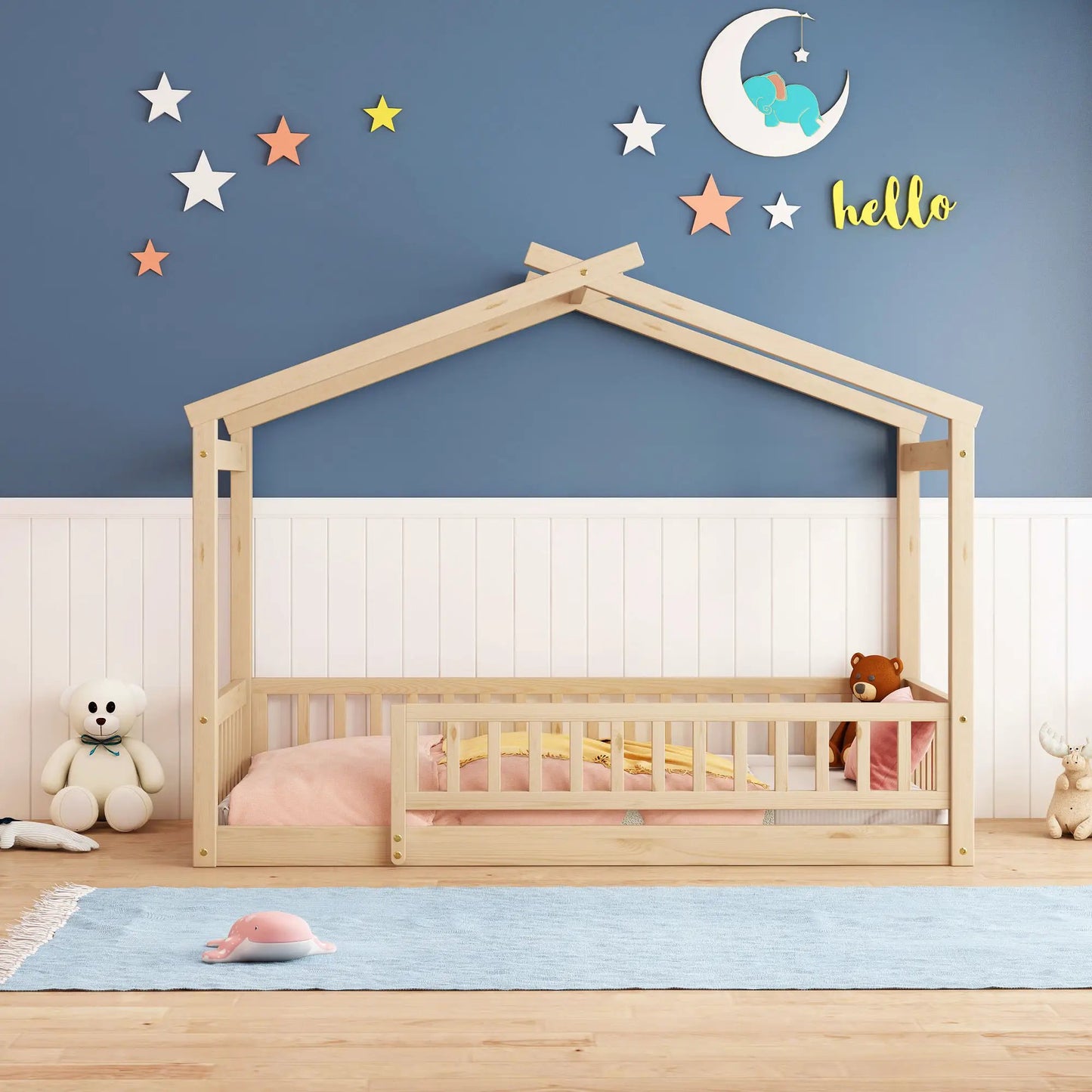 Bed House Bed Frame With Fence in natural pine wood, toddler canopy bed on Tampa Home & Garden Store