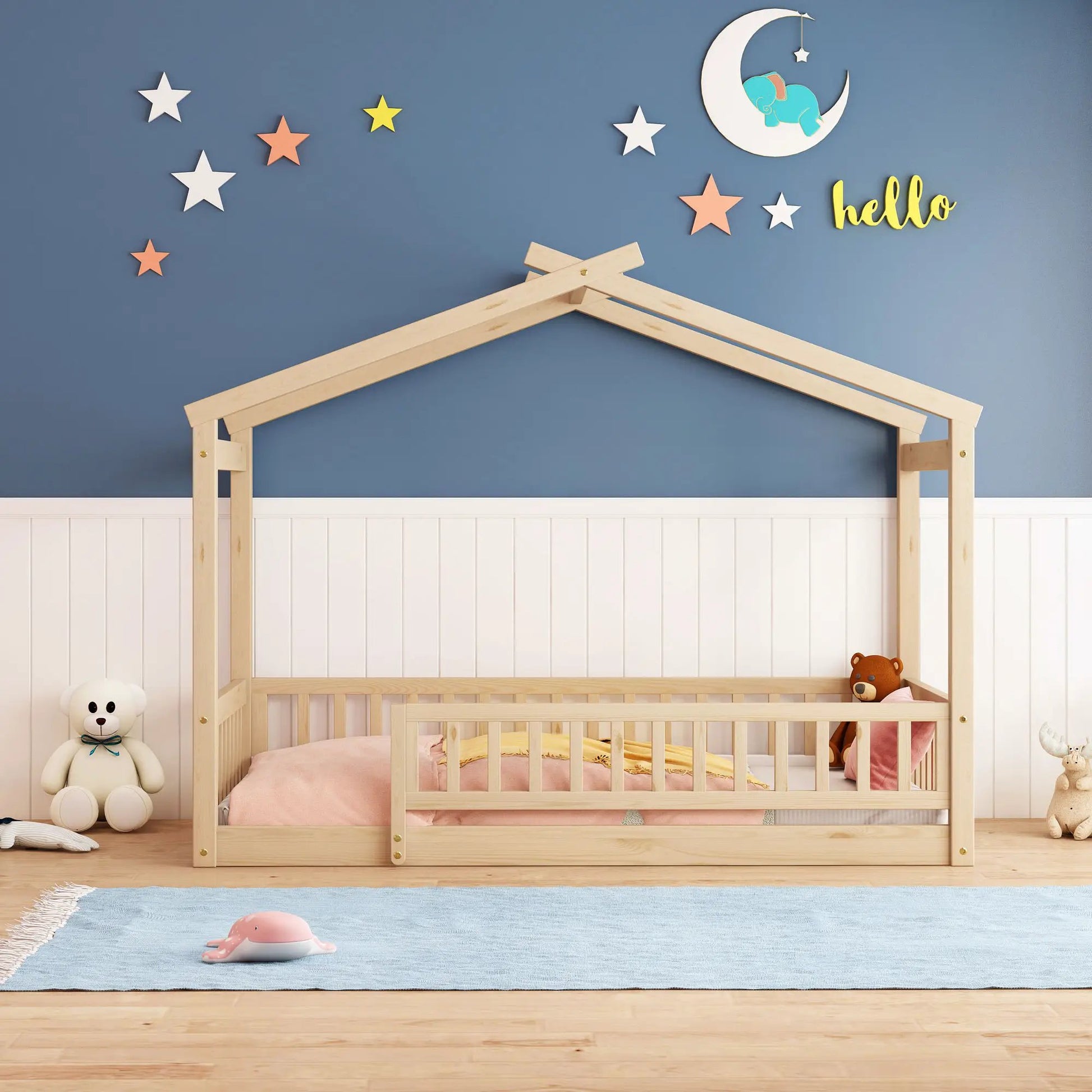 Bed House Bed Frame With Fence in natural pine wood, toddler canopy bed on Tampa Home & Garden Store