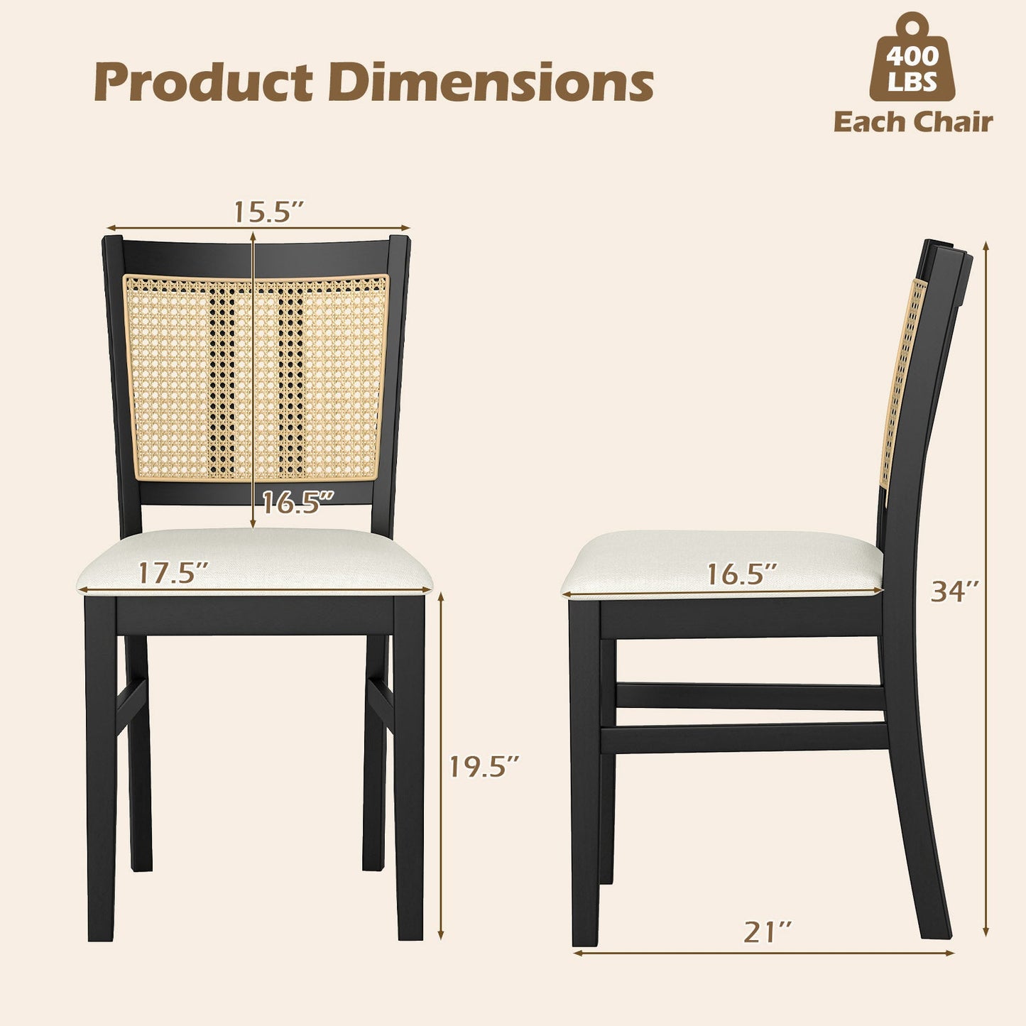 Farmhouse Rattan Dining Chair Set of 2 with Rubber Wood Legs and Cane Back-Beige