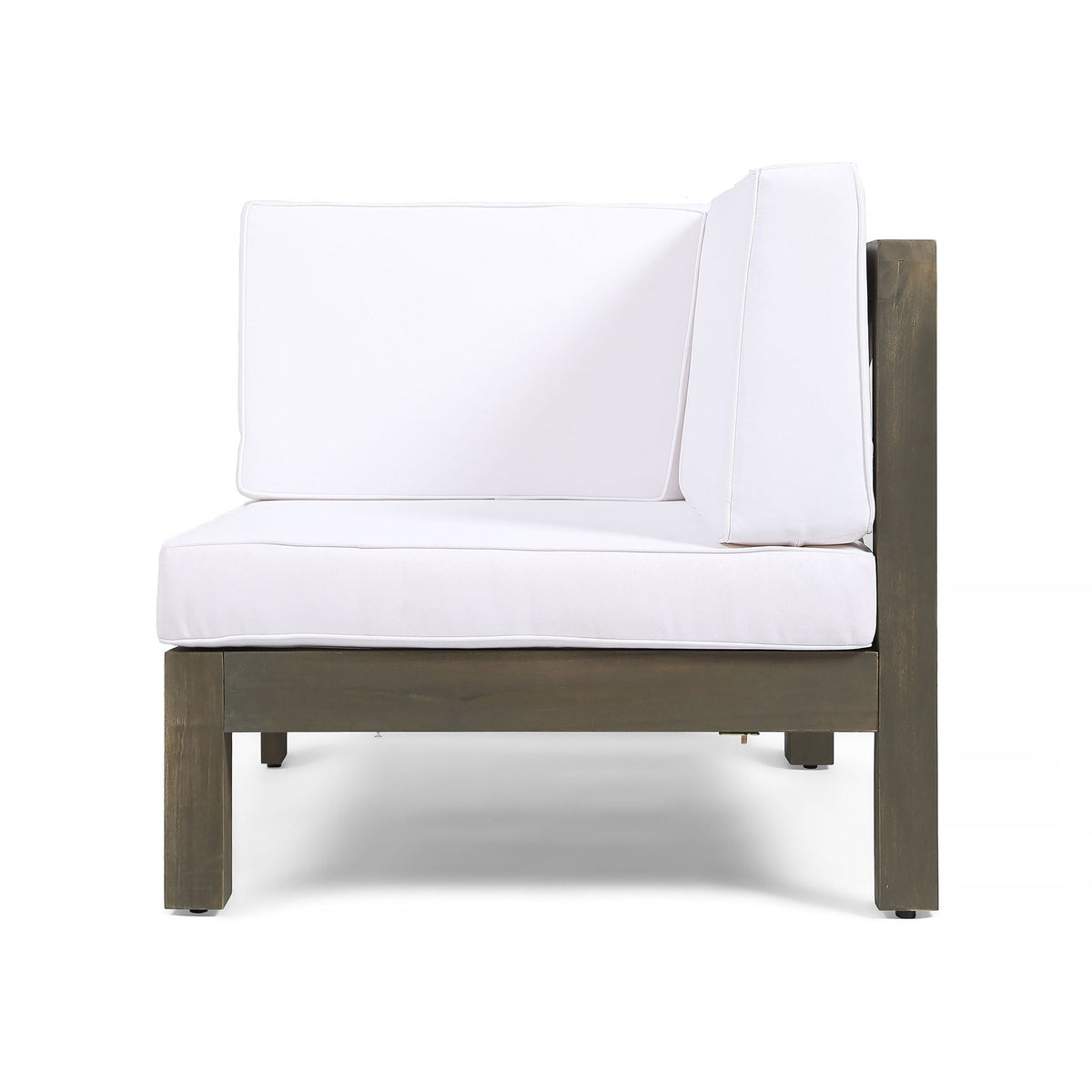 Oana 3-piece outdoor loveseat set with coffee table, white cushions, acacia wood frame on Tampa Home & Garden Store