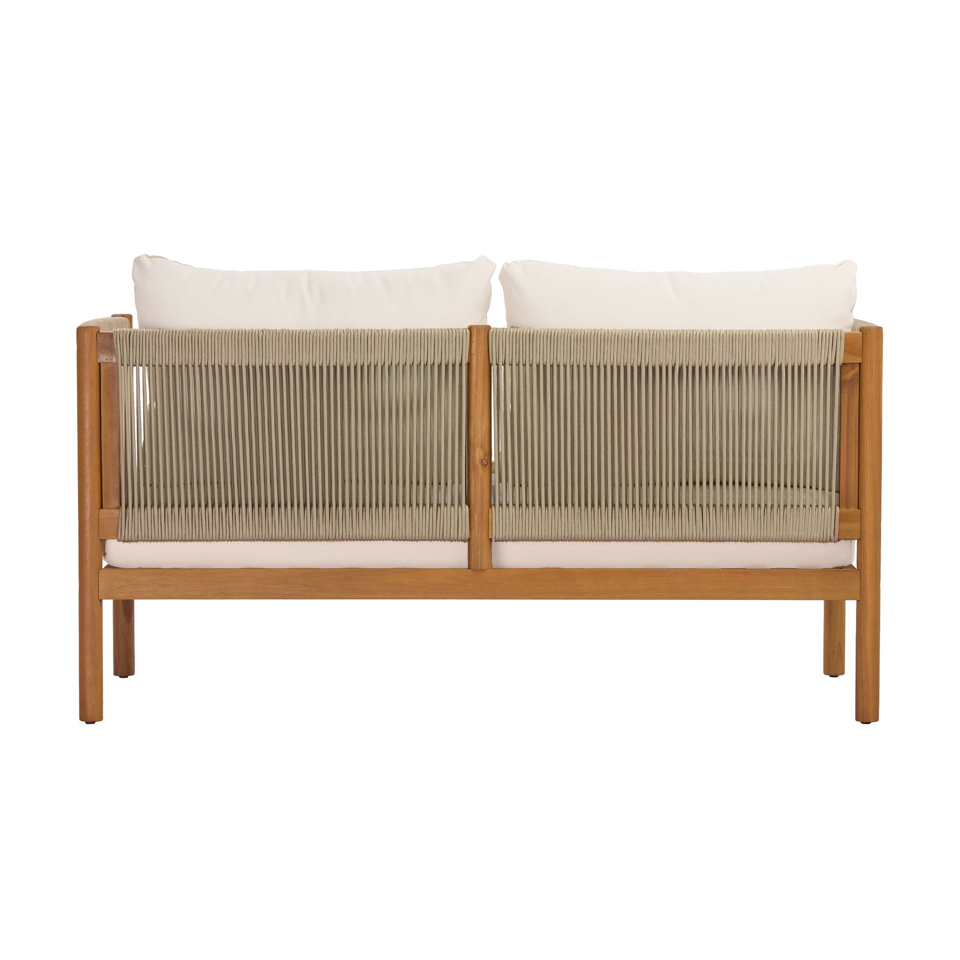 Outdoor Loveseat with teak-look acacia wood frame and beige cushions on Tampa Home & Garden Store