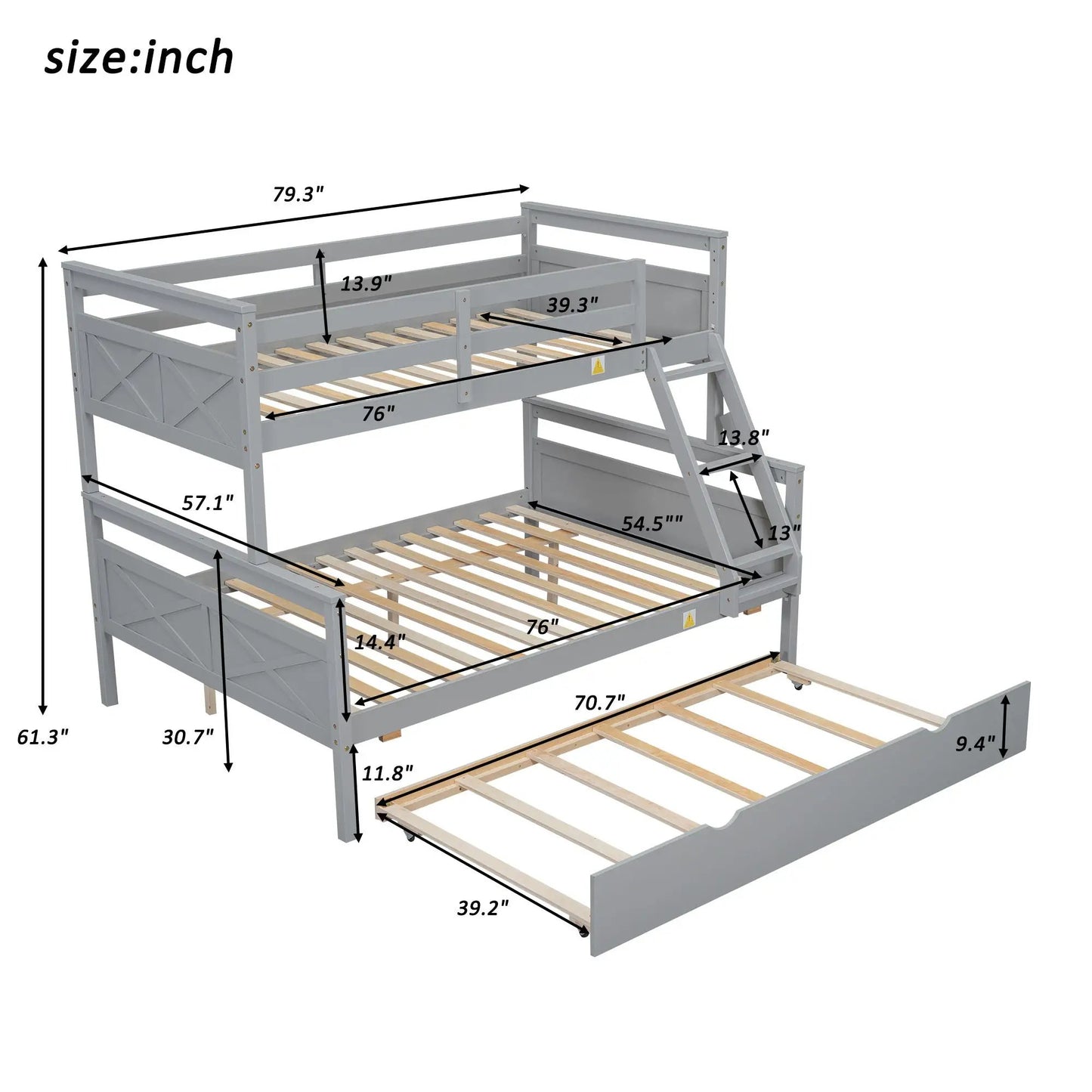 Bunk bed with ladder and safety guardrail in gray, wooden slats, Unique Piece Furniture on Tampa Home & Garden Store