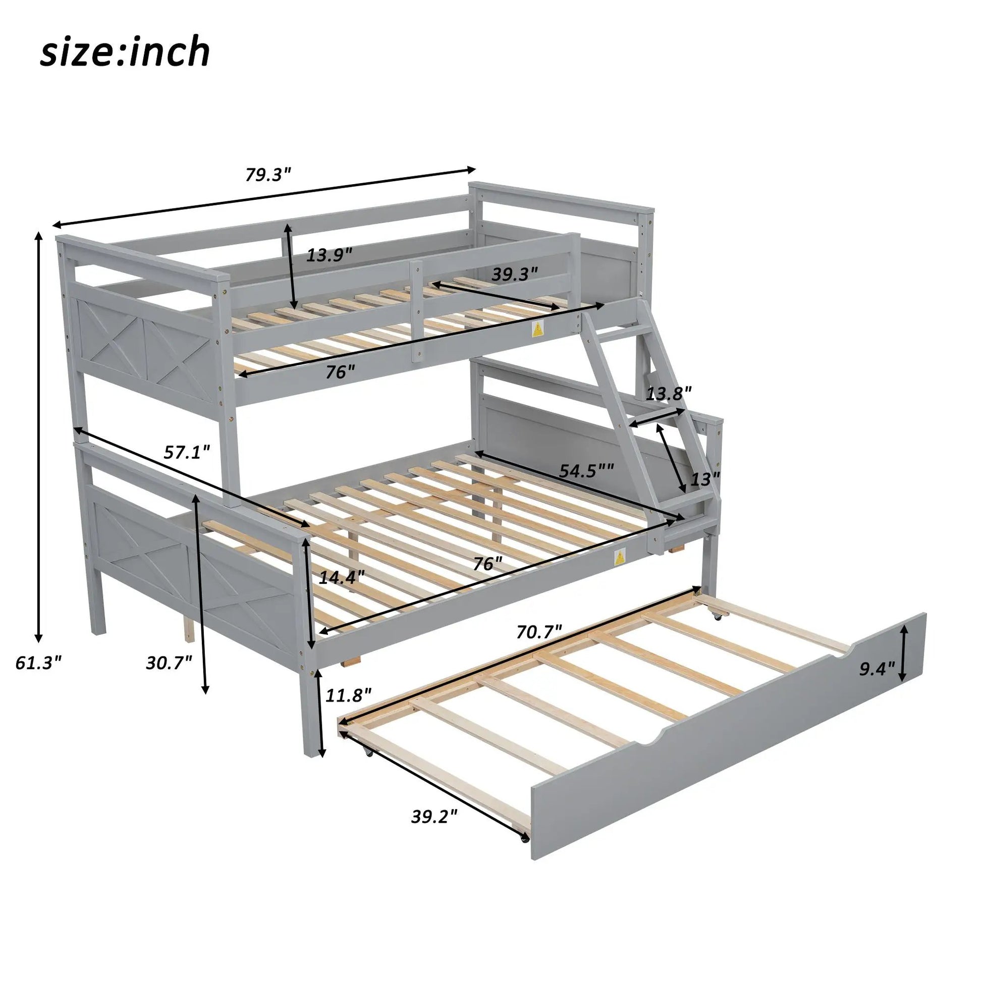 Bunk bed with ladder and safety guardrail in gray, wooden slats, Unique Piece Furniture on Tampa Home & Garden Store