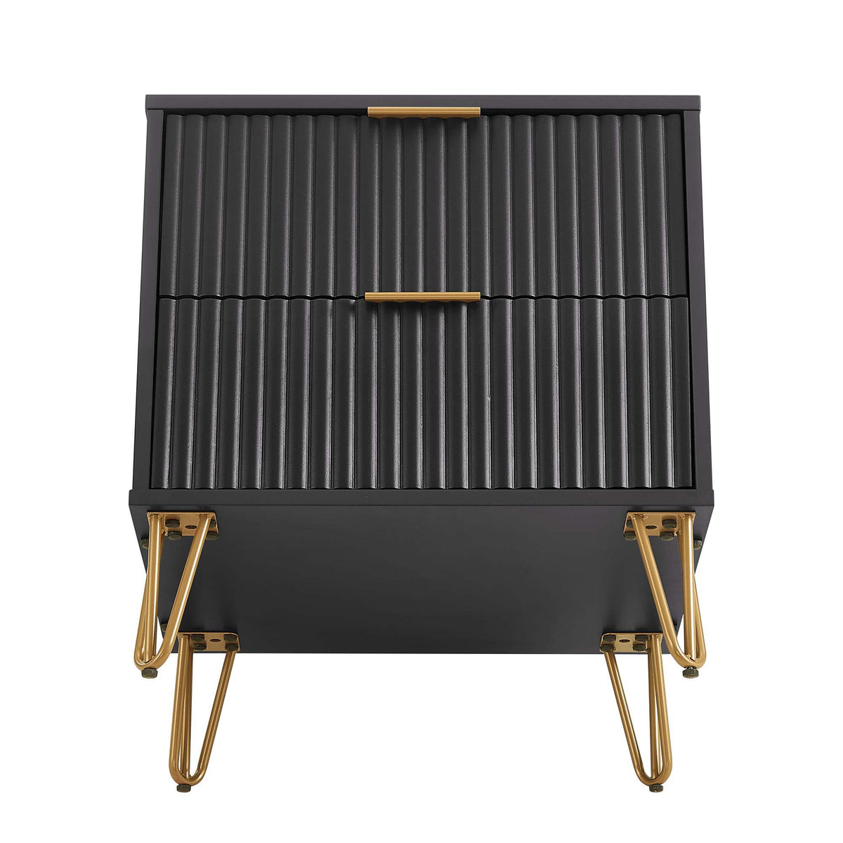 Dumbo nightstand with 2 drawers, fluted fronts, black finish, gold hardware and hairpin legs on Tampa Home & Garden Store