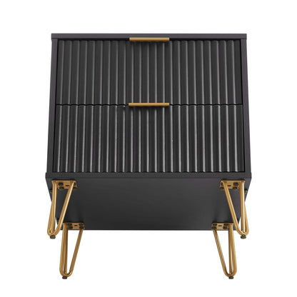 Dumbo nightstand with 2 drawers, fluted fronts, black finish, gold hardware and hairpin legs on Tampa Home & Garden Store