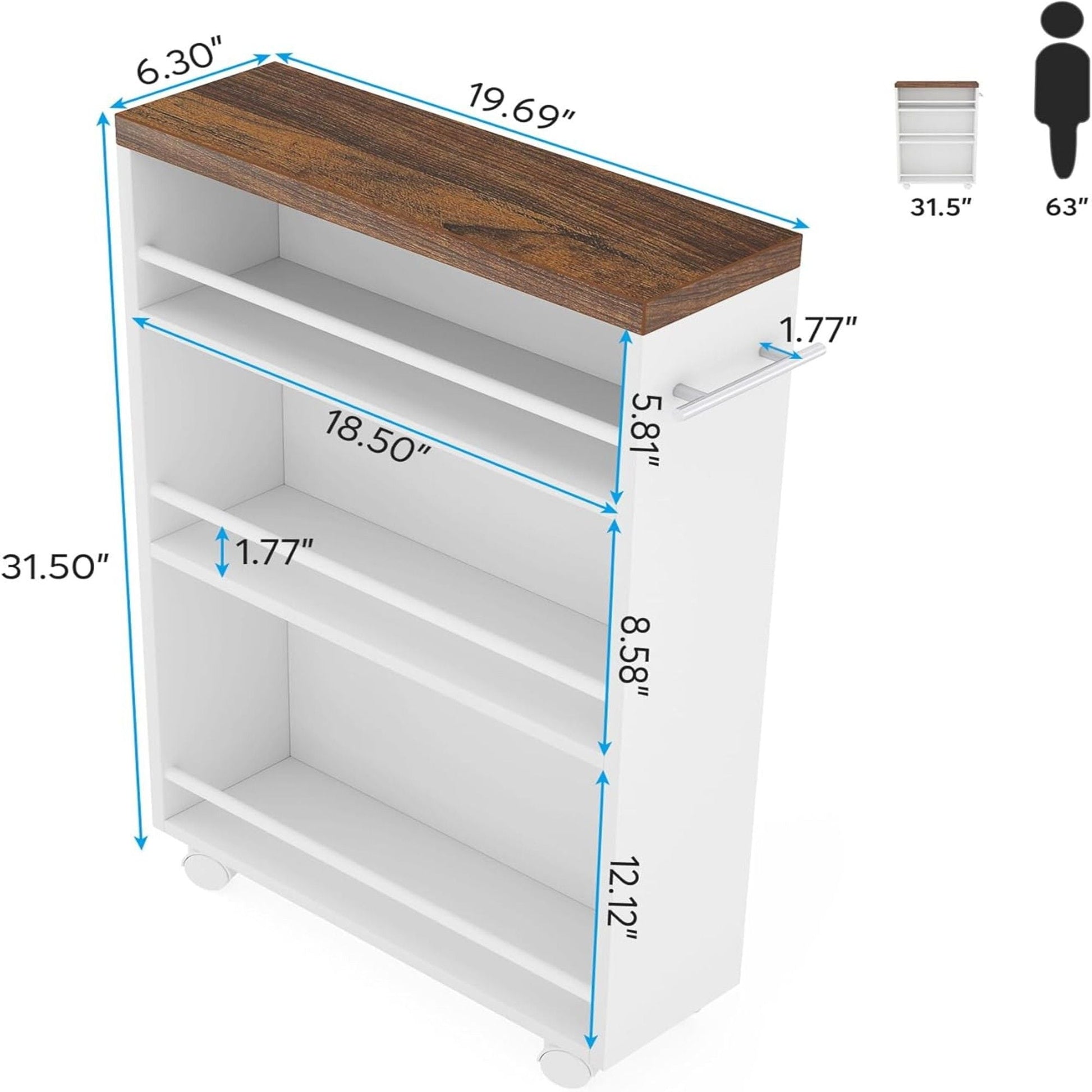 4-Tier Narrow Rolling Kitchen Slim Storage Cart by HouseOfZazla, wood top, white body, mobile on Tampa Home & Garden Store