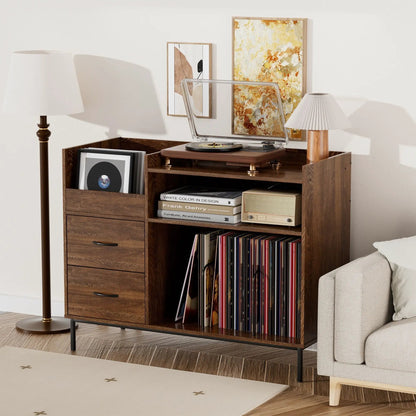 Vinyl record player stand in dark walnut finish with flip-top storage and dual outlets on Tampa Home & Garden Store