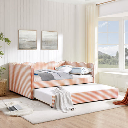 Full-size cozy gingham daybed with twin trundle, pink check fabric on Tampa Home & Garden Store