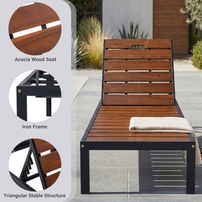 HouseOfZazla outdoor chaise with adjustable backrest, acacia wood seat, iron frame on Tampa Home & Garden Store