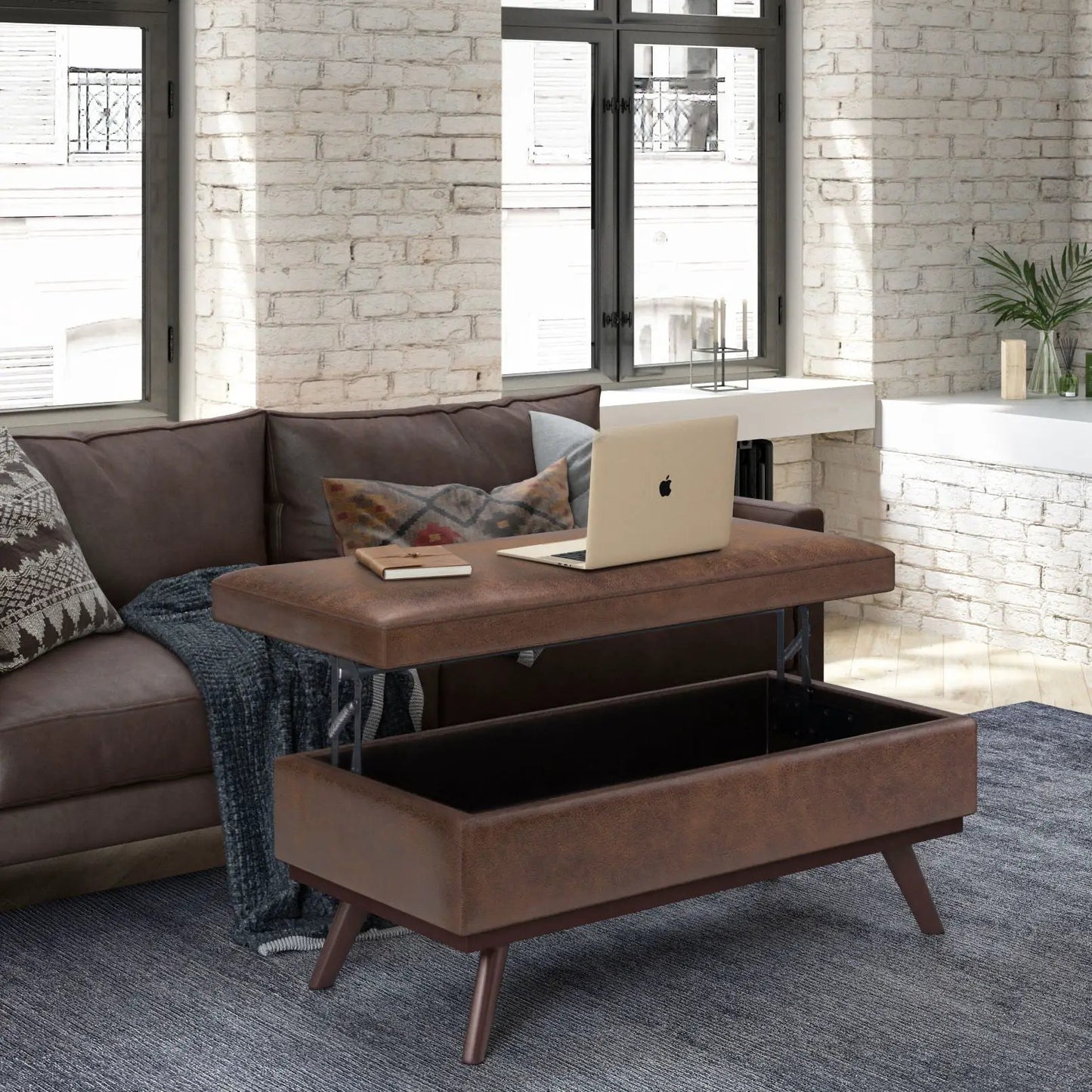 Owen lift-top coffee table storage ottoman brown leather mid-century style with interior storage on Tampa Home & Garden Store