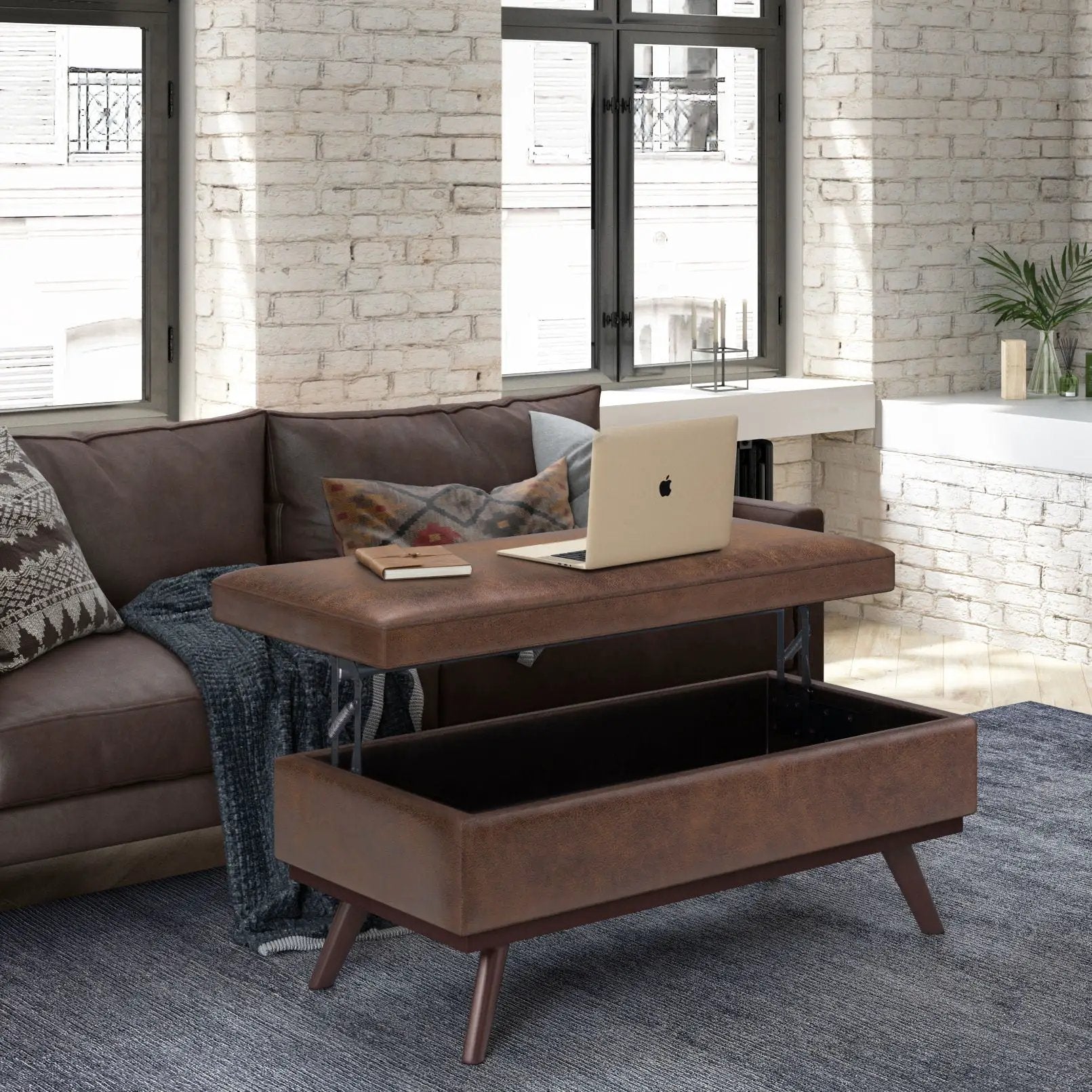 Owen lift-top coffee table storage ottoman brown leather mid-century style with interior storage on Tampa Home & Garden Store