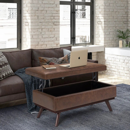Owen lift-top coffee table storage ottoman brown leather mid-century style with interior storage on Tampa Home & Garden Store