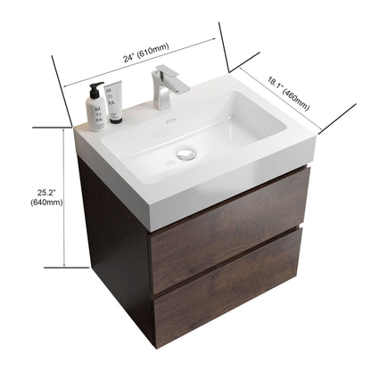 Alice wall-mounted vanity with integrated white sink, chrome faucet, dark wood base cabinet on Tampa Home & Garden Store