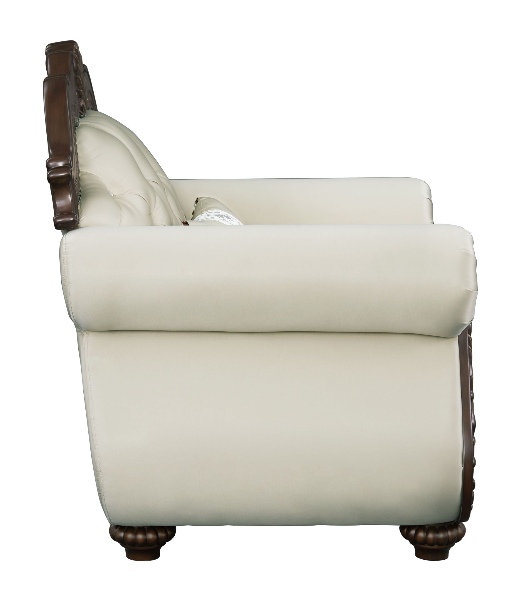 Pierce Chair with Pillow beige upholstery with dark cherry wood frame tufted back arm chair on Tampa Home & Garden Store