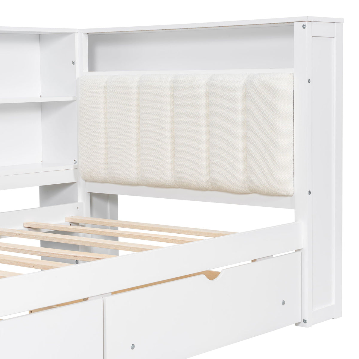 Platform bed in white with beige upholstered headboard, built-in shelves and drawers on Tampa Home & Garden Store